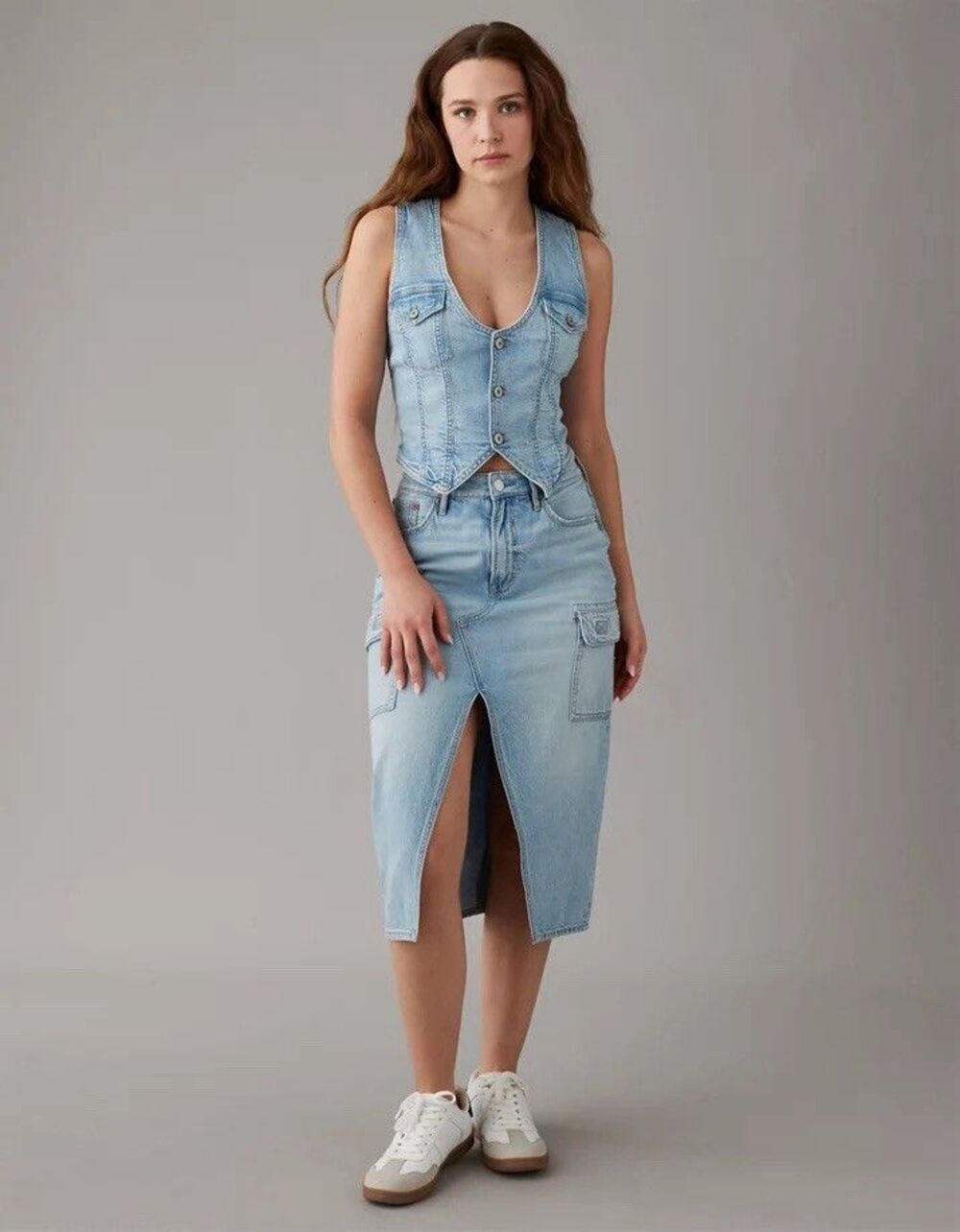 American Eagle Dreamy Drape High-Waisted Cargo Denim Midi Skirt Size 12
